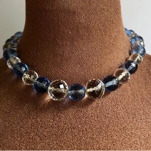 Vintage Blue Clear Faceted Glass Bead Choker Necklace 15.5" Cottagecore